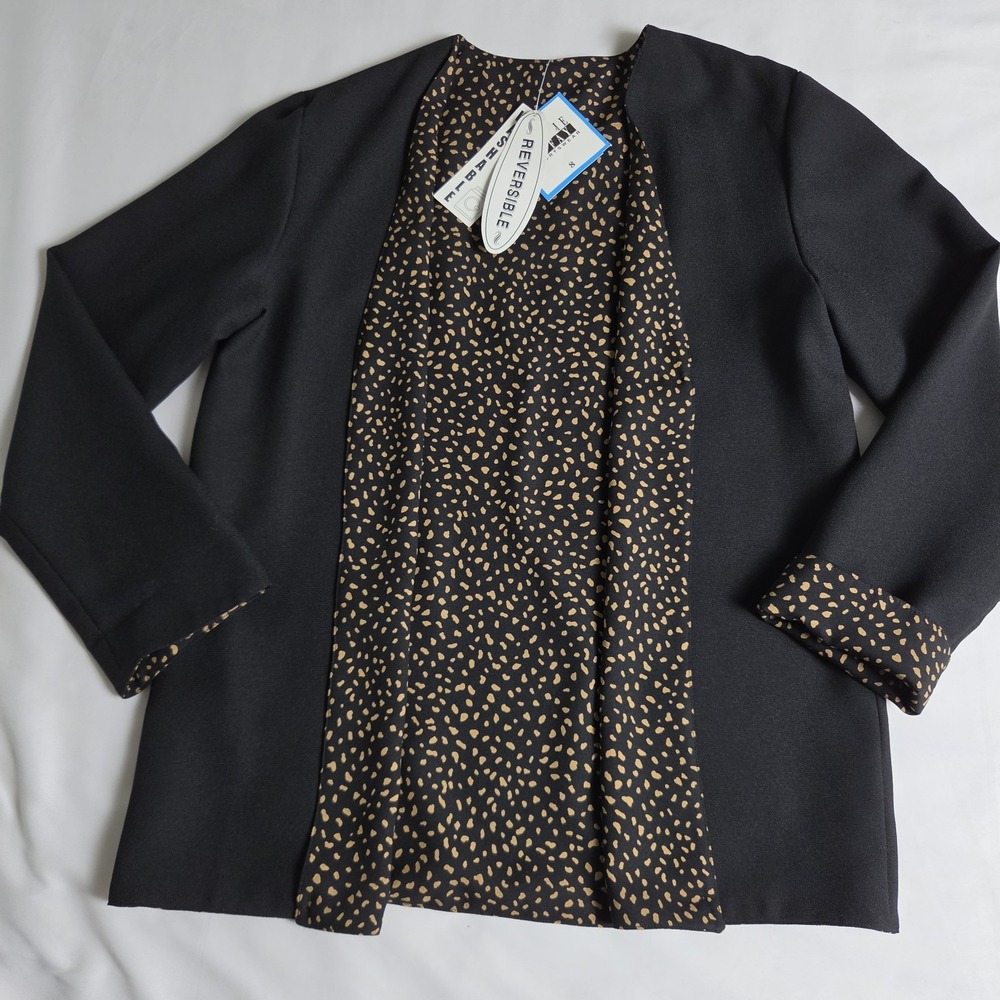 Vtg Leslie Fay reversible Open Front Cardigan Blazer Black Gold Confetti Size 8